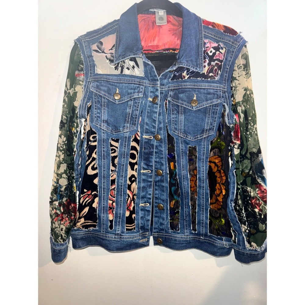 John Mark Mixed Media Denim Jacket Burnout Velvet Floral Patchwork Boho XS